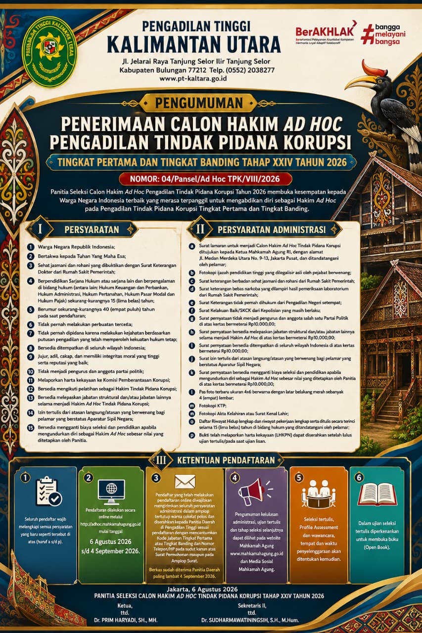 PENERIMAAN CALON HAKIM AD HOC PENGADILAN TINDAK PIDANA KORUPSI TINGKAT PERTAMA DAN TINGKAT BANDING TAHAP XXIV TAHUN 2026